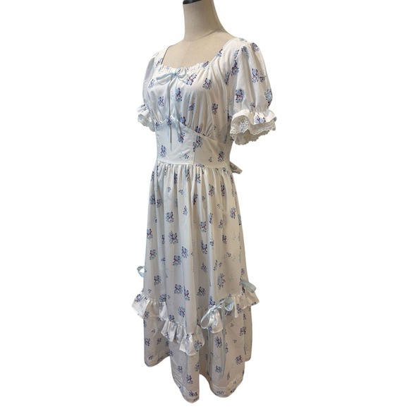 White Blue Floral Milkmaid Midi Dress Sz M Coquette Romantic Ruffles Bows Puff - Picture 4 of 10